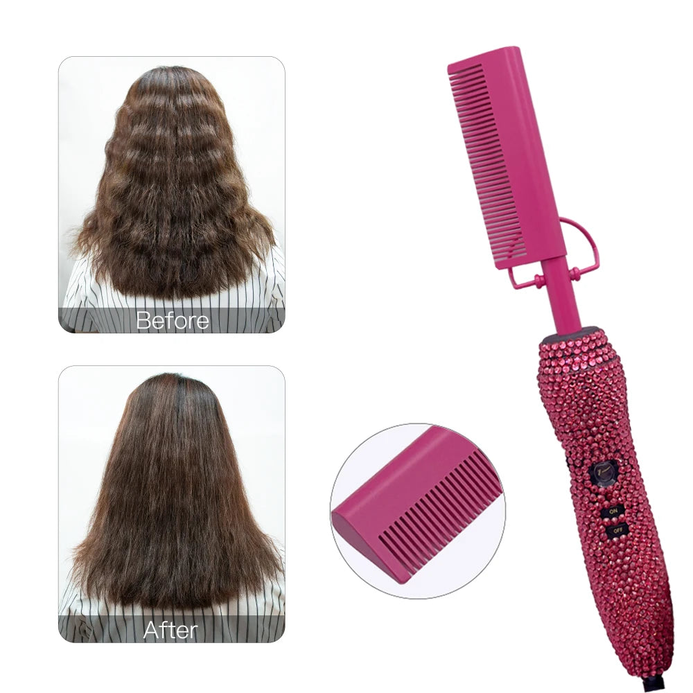 Hot Comb 2 In1 Hot Comb Straightener with Rhinestones Electric Heating Comb Pente Quente Peigne Chauffant Lisseur Cheveux Tools