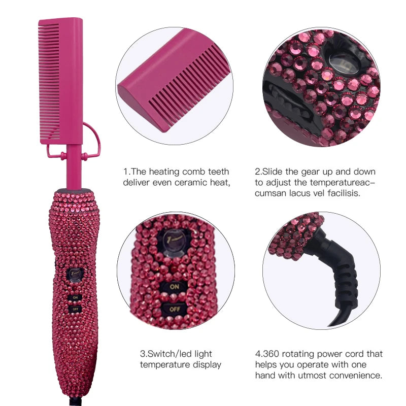 Hot Comb 2 In1 Hot Comb Straightener with Rhinestones Electric Heating Comb Pente Quente Peigne Chauffant Lisseur Cheveux Tools